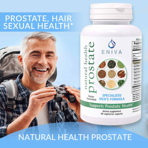 Eniva Natural Health Prostate, 60 caps, health of the male prostate, encourages healthy hair follicles, shared hormonal pathways, prostate health, urinary flow, male sexual organs, health and size of the aging male prostate, normal urinary frequency, healthy bladder function, healthy hair follicles, male hormonal balance, hair growth, fullness and strength, testosterone and DHT pathways, sexual health, hormonal balance, testosterone balance, BPH prostate enlargement, balding,* Saw Palmetto, Beta-Sitosterol, Cranberry Extract, Pygeum Africanum Bark, Evening Primrose Oil, Grape Seed Extract, Selenium, Zinc, Pumpkin Oil, Product ID 26005