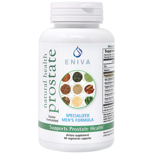 Eniva Natural Health Prostate, 60 caps, health of the male prostate, encourages healthy hair follicles, shared hormonal pathways, prostate health, urinary flow, male sexual organs, health and size of the aging male prostate, normal urinary frequency, healthy bladder function, healthy hair follicles, male hormonal balance, healthy libido, supports a health prostate size