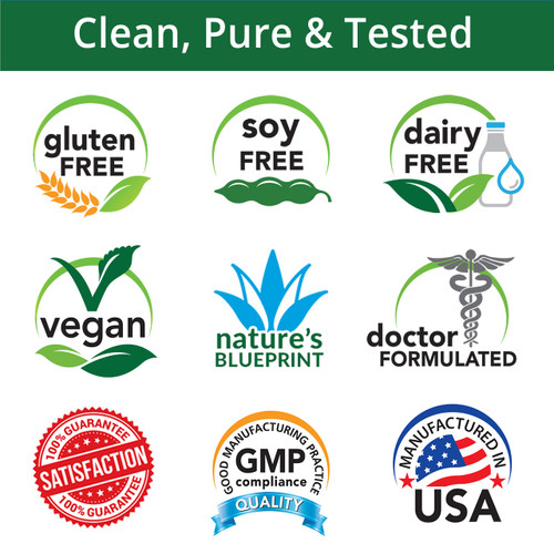 Clean, Pure & Tested, Gluten Free, Soy Free, Dairy Free, Vegan, Nature's Blueprint, Doctor Formulated, Satisfaction Guarantee, GMP Compliance, Manufactured in USA