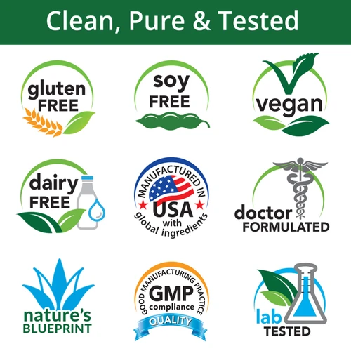 Gluten Free, Soy Free, Vegan, Dairy Free, Manufactured in the USA with Global Ingredients, Doctor Formulated, Nature's Blueprint, GMP, Lab Tested