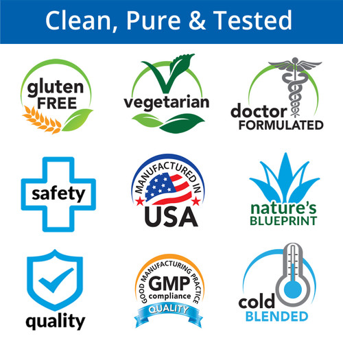 Clean, Pure & Tested, Gluten Free, Vegetarian, Doctor Formulated, Safety, Manufactured in USA, Nature's Blueprint, Quality, GMP Compliance, Cold Blended