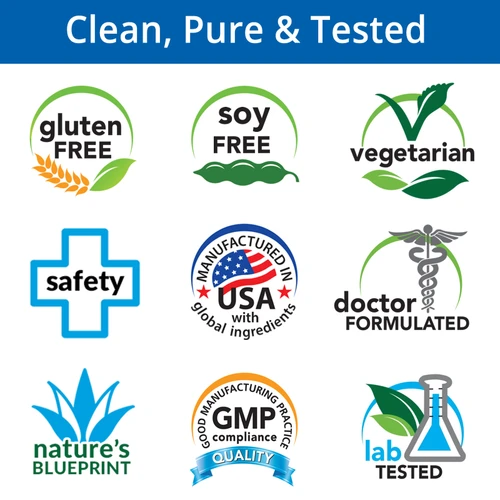 Gluten Free, Soy Free, Vegetarian, Safety, Manufactured in USA with Global Ingredients, Doctor Formulated, Nature's Blueprint, GMP, Lab Tested
