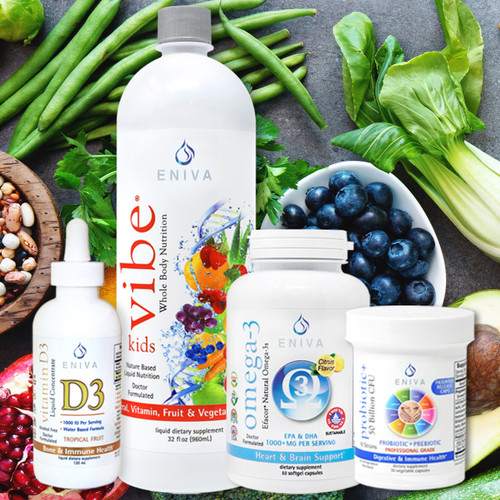 Kids Health Bundle with VIBE Kids, Omega-3s, Probiotic+, Vitamin D3 – to round out nutritional gaps for kid's growing bodies. Nature-based liquid vitamins for kids.