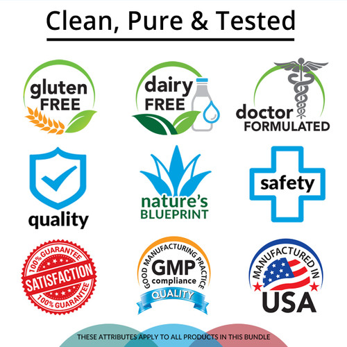 Clean, Pure & Tested, Gluten Free, Dairy Free, Doctor Formulated, Quality, Nature's Blueprint, Safety, Satisfaction Guarantee, GMP Compliance, Manufactured in USA Clean, Pure & Tested, Gluten Free, Dairy Free, Doctor Formulated, Quality, Nature's Blueprint, Safety, Satisfaction Guarantee, GMP Compliance, Manufactured in USA