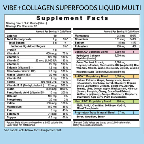 Eniva VIBE Collagen, 32 ounce bottle, Supplement Facts