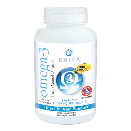 Omega 3 EPA/DHA Efacor, 60 softgels, fish oil with no "fishy taste." Light citrus taste, whole body health, heart & brain health, High Potency Efacor, UltraPure, Meets the FDA Formulary Requirement for Making The Health Claim This Product May Reduce The Risk Of Cardiovascular Disease*, Premium Quality -  Heavy Metal Testing, Potency Verified and Sourced From Small Ocean Fish of Mackerel, Sardine & Anchovy, softgels, essential fatty acid, Eniva Product ID 13505
