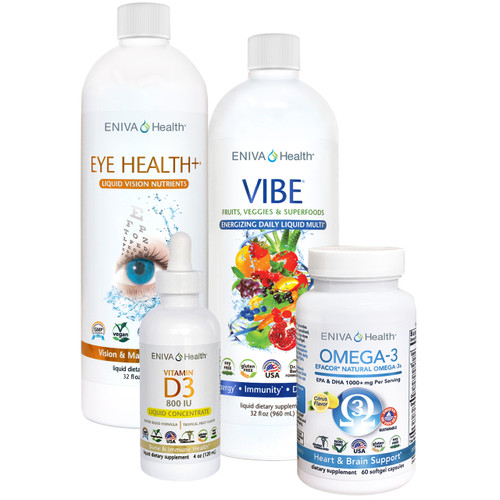 Liquid Eye Health Vitamins, Natural Nutrients for Eye Health and the macula of the eye, Eye Health Bundle contains: Eye Health+ with Zeaxanthin, Vitamin A (as beta-carotene), Vitamin B2, Vitamin C, Vitamin E, Zinc, Selenium, Grape Seed Extract, Copper; VIBE Daily Liquid Multivitamins for Immune Health; Vitamin D3; Omega-3 Fish Oil with EPA and DHA