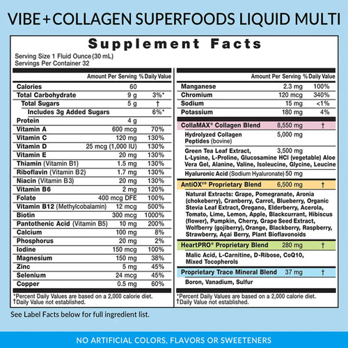 Eniva VIBE + Collagen, 32 ounce bottle, Supplement Facts