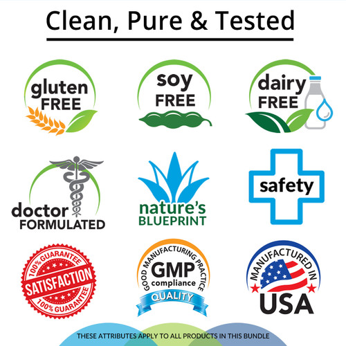 Clean, Pure & Tested, Gluten Free, Soy Free, Dairy Free, Doctor Formulated, Nature's Blueprint, Safety, Satisfaction Guarantee, GMP Compliance, Manufactured in USA