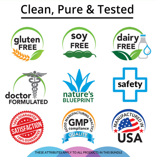 Clean, Pure & Tested, Gluten Free, Soy Free, Dairy Free, Doctor Formulated, Nature's Blueprint, Safety, Satisfaction Guarantee, GMP Compliance, Manufactured in USA