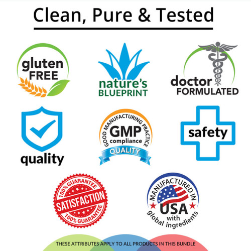 Clean, Pure & Tested, Gluten Free, Soy Free, Dairy Free, Doctor Formulated, Nature's Blueprint, Safety, Satisfaction Guarantee, GMP Compliance