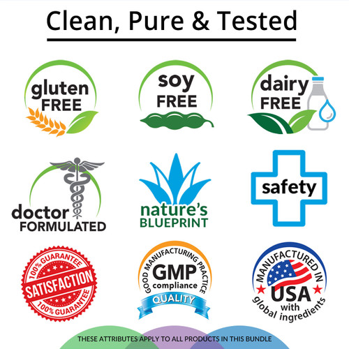 Gluten Free, Soy Free, Dairy Free, Doctor Formulated, Nature's Blueprint, Safety, Satisfaction Guarantee, GMP, Manufactured in USA with Global Ingredients