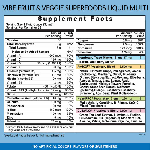 Eniva VIBE Fruit Sensation, 32 ounce bottle, Supplement Facts