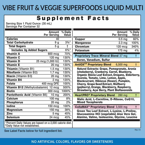 Eniva VIBE Fruit Sensation, 32 ounce bottle, Supplement Facts