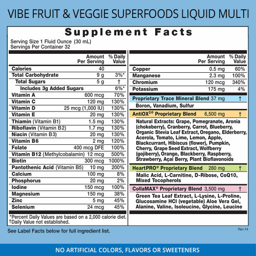 Eniva VIBE Fruit Sensation, 32 ounce bottle, Supplement Facts