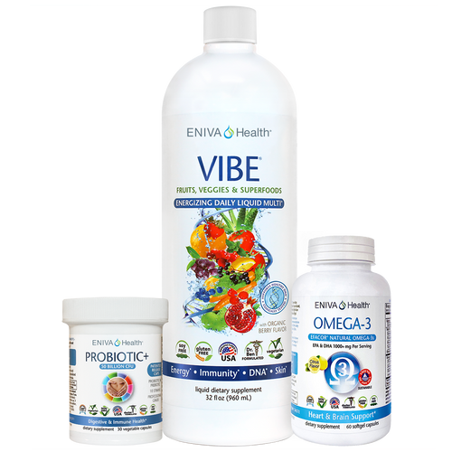 Nutrition Essentials Bundle, Efacor natural omega-3, Vibe Whole body nutrition, and Probiotics plus 50 billion CFU, PNG format