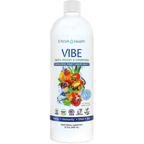 Liquid Daily Multi, Natural Liquid Vitamin, VIBE concentrated liquid daily multivitamins, antioxidants, mineral, vitamins, amino acids, whole food supplement, Full Spectrum nutrition, DNA support, nature based nutraceutical, fast acting, bio-ready liquid design, full spectrum formula, specialized phytonutrients, lasting vibrant health, Cellular Defense Formula, aloe vera extracts, decaffeinated green tea EGCG catechin complex, increased magnesium, enhanced AntiOX Fruit and Vegetable Blend, increased Niacin (Vitamin B3), increased Natural Vitamin D, enhanced Green Tea Combination heart health, high-potency antioxidants, decaffeinated EGCG green tea complex, cellular defense formula, research studies supported, heart-healthy, D-Ribose, CoQ10, L-Carnitine, Malic Acid, Isolated Soly Lecithin, Mixed Tocopherols (family of Vitamin E compounds), 32 oz Liquid Multivitamin