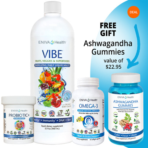 Nutrition Essentials Bundle PLUS Free Gift of Ashwagandha Gummies, Efacor natural Omega-3, Vibe Whole body nutrition, and Probiotics plus 50 billion CFU and Ashwagandha Gummies