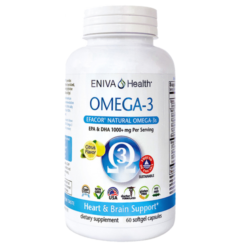 Omega 3 EPA/DHA Efacor, 60 softgels, fish oil with no "fishy taste." Light citrus taste, whole body health, heart & brain health, High Potency Efacor, UltraPure, Meets the FDA Formulary Requirement for Making The Health Claim This Product May Reduce The Risk Of Cardiovascular Disease*, Premium Quality -  Heavy Metal Testing, Potency Verified and Sourced From Small Ocean Fish of Mackerel, Sardine & Anchovy, softgels, essential fatty acid, Eniva Product ID 13505