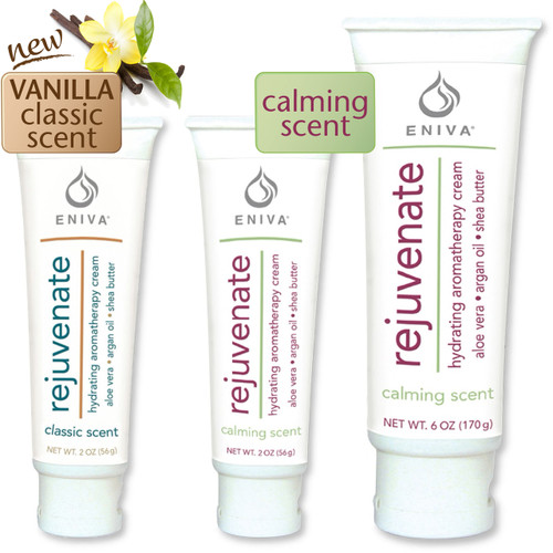 Eniva Rejuvenate Natural Therapy Cream, is an anti-aging skin cream, Available in 2 sizes: 2 oz and 6 oz; 2 Scents: Calming Scent or NEW Vanilla Scent (2 oz only); Penetrating exotic oils, nutrient-rich botanicals, promote strength, tone and elasticity, silky and smooth skin, Specialized "youth code" ingredients support skin health, moisture therapy, powerful antioxidants* Jojoba Oil, Avocado Oil, Moroccan Argan Oil, Tea Tree Oil, Bergamot Oil, Shea Butter, Green Tea, Vitamin E, Safety Promise, No Parabens, No Phthalates, No MEA, TEA or DEA, No Glycols or Aluminum, No SLS or other sulfates, No Dyes or Artificial Fragrances, Product ID 530122 (2 oz) Vanilla Classic Scent / 530123 (2 oz) Calming Scent / 530124 (6 oz) Classic Scent
