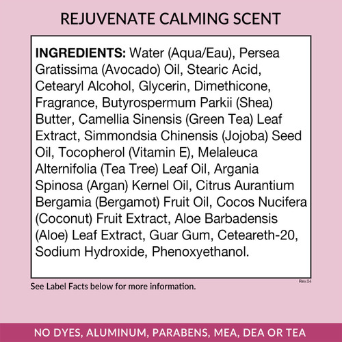 Eniva Rejuvenate Natural Therapy Cream, Calming Scent, natural skin cream back panel, Ingredient Facts, Product ID 530123 and 530124