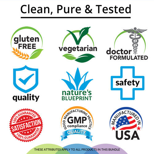 Clean, Pure & Tested, Gluten Free, Vegetarian, Doctor Formulated, Quality, Nature's Blueprint, Safety, Satisfaction Guarantee, GMP Compliance, Manufactured in USA