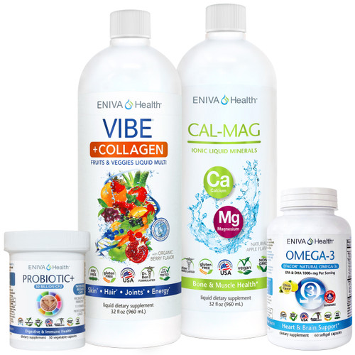 Women's Essential Bundle, VIBE Collagen, Cal-Mag Liquid Calcium Magnesium Ionic Minerals, Probiotic+, Omega-3s - Efacor Fish Oil, Great for Women's Breast Health