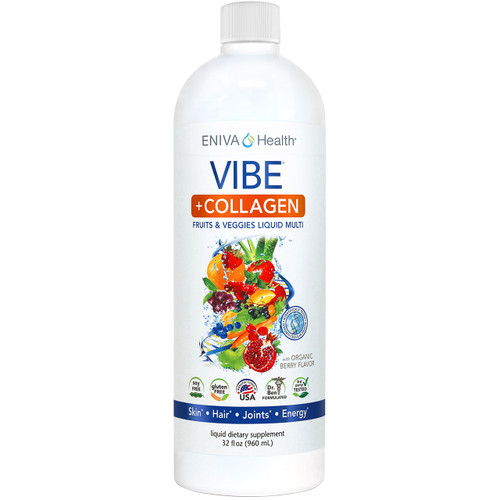 Liquid Daily Multi, Natural Liquid Vitamin, VIBE + Collagen is a concentrated liquid daily multivitamins with 5 grams of Collagen per serving. Loaded with antioxidants, mineral, vitamins, amino acids, whole food supplement, Full Spectrum nutrition, DNA support, nature based nutraceutical, fast acting, bio-ready liquid design, full spectrum formula, specialized phytonutrients, lasting vibrant health, Cellular Defense Formula, aloe vera extracts, decaffeinated green tea EGCG catechin complex, increased magnesium, enhanced AntiOX Fruit and Vegetable Blend, increased Niacin (Vitamin B3), increased Natural Vitamin D, enhanced Green Tea Combination heart health, high-potency antioxidants, decaffeinated EGCG green tea complex, cellular defense formula, research studies supported, heart-healthy, D-Ribose, CoQ10, L-Carnitine, Malic Acid, Isolated Soly Lecithin, Mixed Tocopherols (family of Vitamin E compounds), 32 oz Liquid Multivitamin
