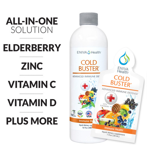 Eniva Natural Cold Buster, Available in: 16 oz Bottle and 20 packets, Immune Booster, Honey, Echinacea, Orange, Chamomile, Lemon, Broccoli, Apple, Blueberry, Cranberry, Green Tea, Oregano, Vitamin C, Vitamin D, Calcium, Magnesium, Copper, Zinc, 16 oz., Product ID 29507 - 29509