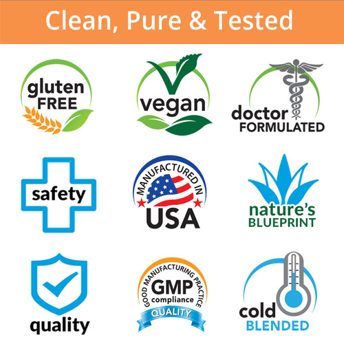 Clean, Pure & Tested, Gluten Free, Vegan, Doctor Formulated, Safety, Manufactured in USA, Nature's Blueprint, Quality, GMP Compliance, Cold Blended
