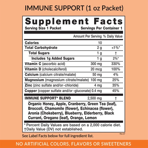 Eniva Natural Cold Buster (20 packets), 1 ounce, Supplement Facts Immune Booster, Honey, Echinacea, Orange, Chamomile, Lemon, Broccoli, Apple, Blueberry, Cranberry, Green Tea, Oregano, Vitamin C, Vitamin D, Calcium, Magnesium, Copper, Zinc, Product ID 29507