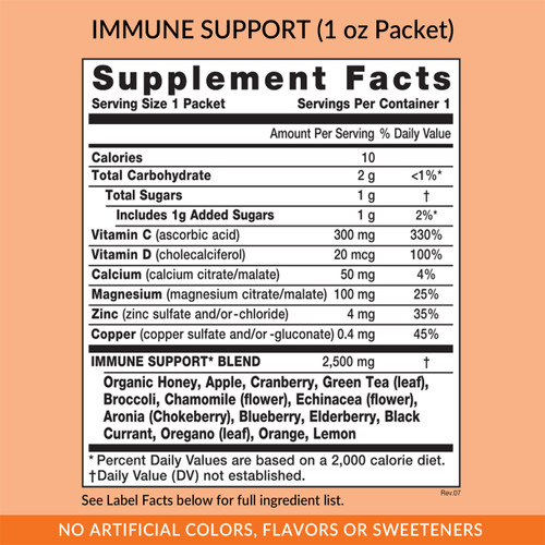 Eniva Natural Cold Buster (20 packets), 1 ounce, Supplement Facts Immune Booster, Honey, Echinacea, Orange, Chamomile, Lemon, Broccoli, Apple, Blueberry, Cranberry, Green Tea, Oregano, Vitamin C, Vitamin D, Calcium, Magnesium, Copper, Zinc, Product ID 29507