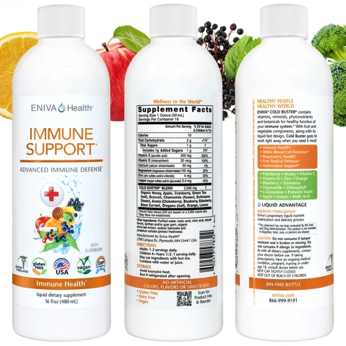 Eniva Natural Immune Support, Label Facts, Immune Booster, Honey, Echinacea, Orange, Chamomile, Lemon, Broccoli, Apple, Blueberry, Cranberry, Green Tea, Oregano, Vitamin C, Vitamin D, Calcium, Magnesium, Copper, Zinc, 16 oz., Product ID 29509