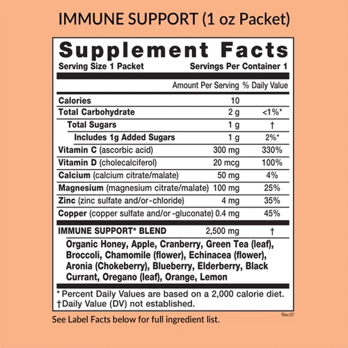 Eniva Natural Immune Support (20 packets), 1 ounce, Supplement Facts Immune Booster, Honey, Echinacea, Orange, Chamomile, Lemon, Broccoli, Apple, Blueberry, Cranberry, Green Tea, Oregano, Vitamin C, Vitamin D, Calcium, Magnesium, Copper, Zinc, Product ID 29507