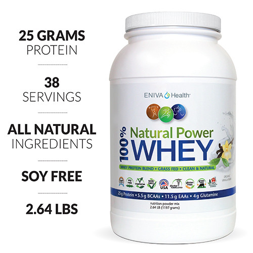 Eniva Natural Power 100% Whey Protein, 2.64 Lbs, Soy Free, Gluten Free, Isolate Primary Source, Whey Concentrate, Hydrolyzed Whey Peptides, 38 servings, 25 grams protein per serving, Vanilla Flavor, Hormone Free, Antibiotic Free, 99% Lactose Free, No Gluten, Non-GMO, Product ID 7301B