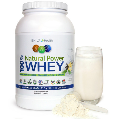 Eniva Natural Power 100% Whey Protein, 38 Servings, Soy Free, Gluten Free, Isolate Primary Source, Whey Concentrate, Hydrolyzed Whey Peptides, 38 servings, 25 grams protein per serving, Vanilla Flavor, Hormone Free, Antibiotic Free, 99% Lactose Free, No Gluten, Non-GMO, Product ID 7301B