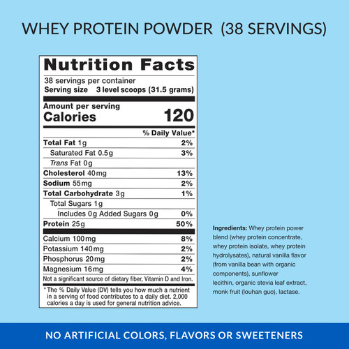 Natural Power 100% Whey Protein, 2.75 Lbs, Nutrition Facts, Ingredient Facts, Supplement Facts, Serving Size, Eniva, Product ID 7301B