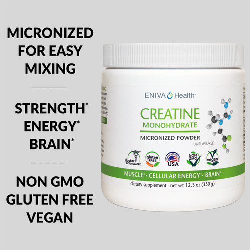 Creatine Monohydrate Micronized Powder for Easy Mixing, Strength*, Energy* Brain Power*, Gluten Free, Vegan, ID 7307 - 7308