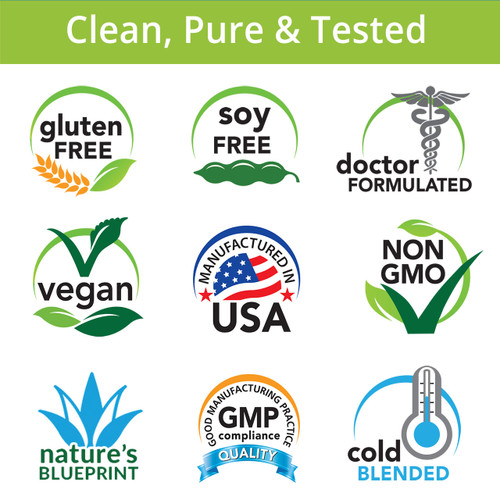 Clean, Pure & Tested, Gluten Free, Soy Free, Doctor Formulated, Vegan, Manufactured in USA, Non-GMO, Nature's Blueprint, GMP Compliance, Cold Blended
