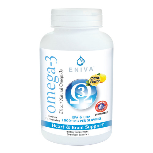 Omega 3 EPA/DHA Efacor, 60 softgels, fish oil with no "fishy taste." Light citrus taste, whole body health, heart & brain health, High Potency Efacor, UltraPure, Meets the FDA Formulary Requirement for Making The Health Claim This Product May Reduce The Risk Of Cardiovascular Disease*, Premium Quality -  Heavy Metal Testing, Potency Verified and Sourced From Small Ocean Fish of Mackerel, Sardine & Anchovy, softgels, essential fatty acid, Eniva Product ID 13505