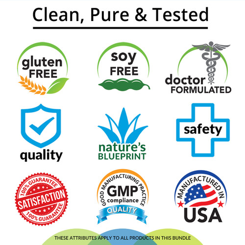 Clean, Pure & Tested, Gluten Free, Soy Free, Doctor Formulated, Quality, Nature's Blueprint, Safety, Satisfaction Guarantee, GMP Compliance, Manufactured in USA