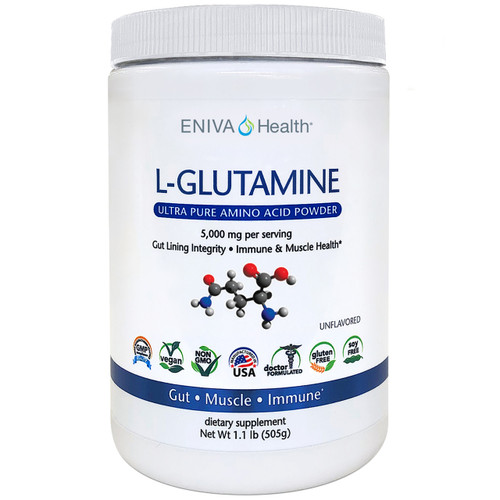 Eniva L-Glutamine essential amino acid, immune, muscle and gut health. 5 Grams, 101 servings, All natural, Soy Free, Non GMO, Gluten Free, No artificial Flavors, No artificial colors, No Sugars, Product ID 7303 Eniva L-Glutamine essential amino acid, immune, muscle and gut health. 5 Grams, 101 servings, All natural, Soy Free, Non GMO, Gluten Free, No artificial Flavors, No artificial colors, No Sugars, Product ID 7303