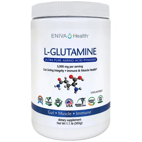 Eniva L-Glutamine essential amino acid, immune, muscle and gut health. 5 Grams, 101 servings, All natural, Soy Free, Gluten Free, No Sugars, Product ID 7303