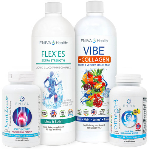 Joint Health Bundle Includes: VIBE Collagen Superfoods Liquid Multivitamin, Flex ES 32 oz bottle - Liquid Joint Nutrients, JointZyme - Enzyme Formula, Omega-3s Essential Fatty Acids - 60 count