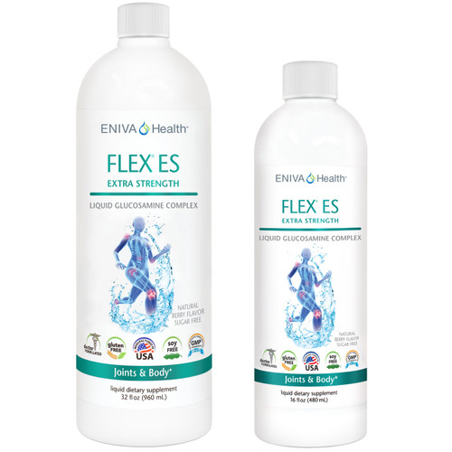 Eniva Full Spectrum Flex ES Liquid Glucosamine Joint Support, strengthen cartilage and connective tissue, joint mobility, address discomfort, Glucosamine, Chondroitin, MSM, Vitamin B5, Vitamin B6, joint structure and fluidity, Type II Collagen, articular cartilage, hyaline cartilage, collagen structures in cartilage, glycosaminoglycans, enzyme function, supports tendons and cartilage*