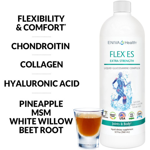 Eniva Full Spectrum Flex ES Liquid Glucosamine Joint Support, 32 oz, support cartilage and connective tissue, joint mobility, address discomfort, Glucosamine, Chondroitin, MSM, Vitamin B5, Vitamin B6, joint structure and fluidity, Type II Collagen, articular cartilage, collagen structures in cartilage, glycosaminoglycans, enzyme function, supports tendons and cartilage* Eniva Full Spectrum Flex ES Liquid Glucosamine Joint Support, 32 oz, support cartilage and connective tissue, joint mobility, address discomfort, Glucosamine, Chondroitin, MSM, Vitamin B5, Vitamin B6, joint structure and fluidity, Type II Collagen, articular cartilage, collagen structures in cartilage, glycosaminoglycans, enzyme function, supports tendons and cartilage*