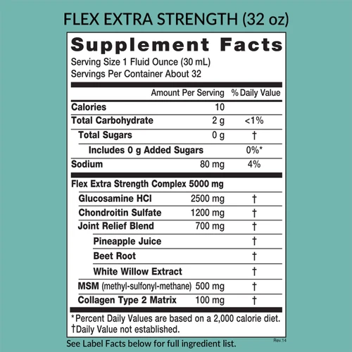 Eniva Full Spectrum Flex ES Liquid Glucosamine Joint Support, 32 oz, Supplement facts,  Nutrition Facts, Ingredient Facts, Product ID 11017
