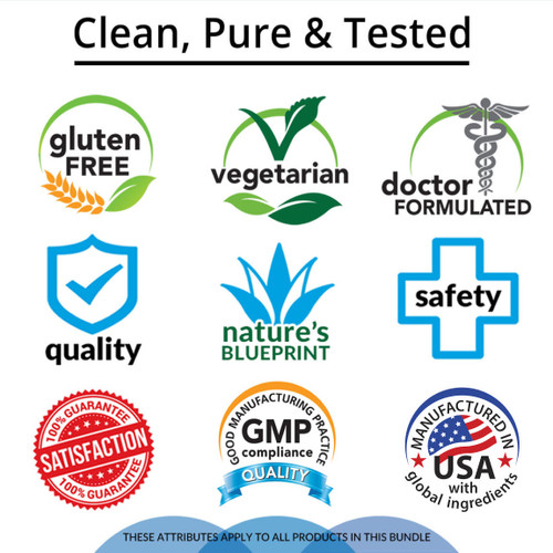 Clean, Pure & Tested, Gluten Free, Vegetarian, Doctor Formulated, Quality, Nature's Blueprint, Safety, Satisfaction Guarantee, GMP Compliance
