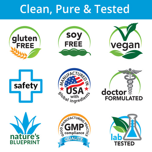 Gluten Free, Soy Free, Vegan, Safety, Made in USA with Global Ingredients, Doctor Formulated, Nature's Blueprint, GMP, Lab Tested