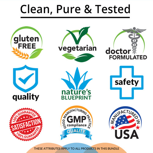 Clean, Pure & Tested, Gluten Free, Vegetarian, Doctor Formulated, Quality, Nature's Blueprint, Safety, Satisfaction Guarantee, GMP Compliance, Manufactured in USA